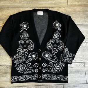 Pendleton Vintage Black Cream Paisley Cardigan Sweater 100% Wool Sz L PETITE
